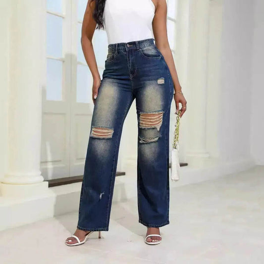 Fashion High Waist Ripped Jeans pants With Pockets Comfortable Slim Fit Denim Trousers Straight Wide-leg jeans Pants - www.Shopthatapp.com #