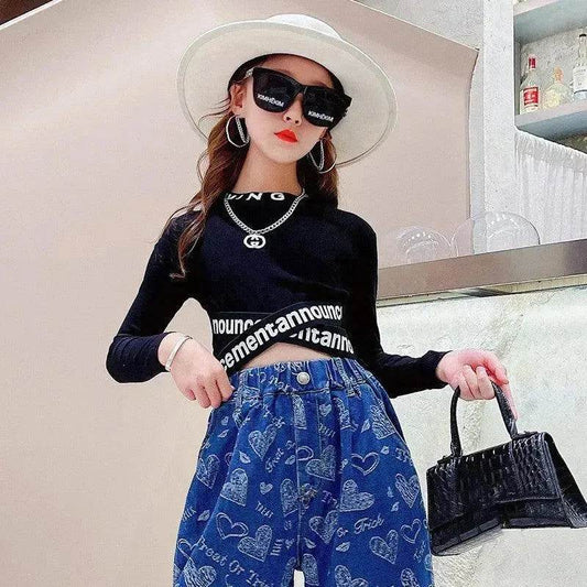 Girls' Suit Western Style Big Kids Autumn Loose Jeans Big Kids Long-sleeved Bottoming Shirt - www.Shopthatapp.com #