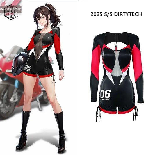 Black and Red One-Piece Spandex Race Queen Bodysuit Cotume with Sheer Mesh - www.Shopthatapp.com #