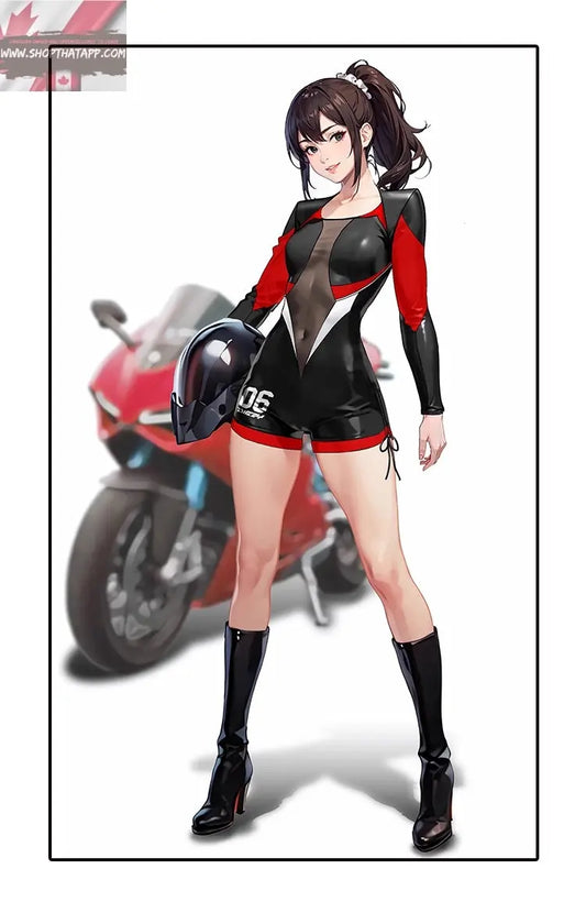 Black and Red One-Piece Spandex Race Queen Bodysuit Cotume with Sheer Mesh - www.Shopthatapp.com #