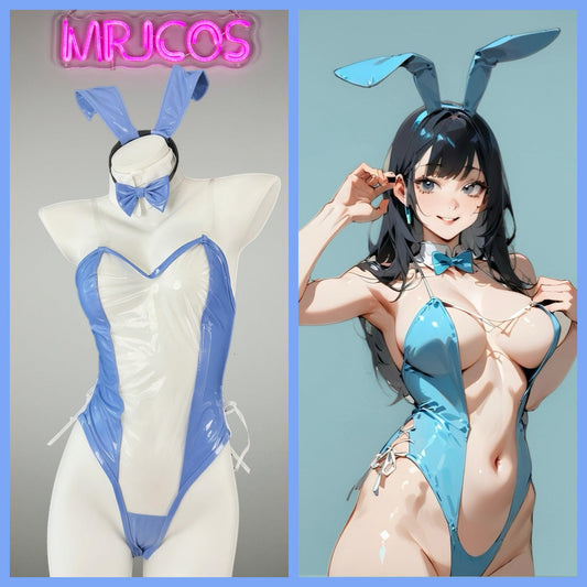 Bunny Girl PU Leather See Through Cosplay Bodysuit Costume Lingerie - www.Shopthatapp.com #