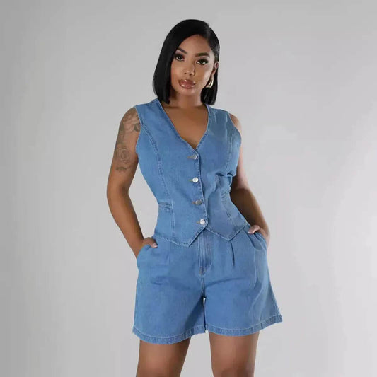 Fashion Casual Sleeveless High Waist Women's Denim Shorts Suit Denim 2 piece sets - www.Shopthatapp.com #
