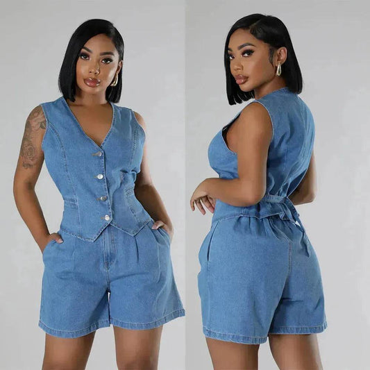 Fashion Casual Sleeveless High Waist Women's Denim Shorts Suit Denim 2 piece sets - www.Shopthatapp.com #