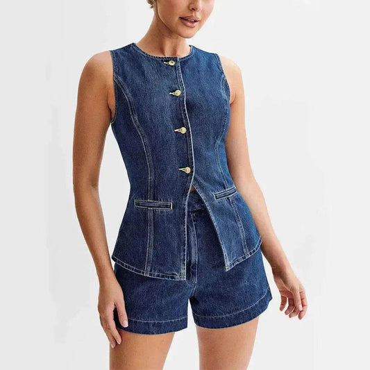 Fashion Denim Suit Summer Casual Sleeveless Button Vest Top And High Waist Shorts Set For Women - www.Shopthatapp.com #