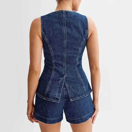 Fashion Denim Suit Summer Casual Sleeveless Button Vest Top And High Waist Shorts Set For Women - www.Shopthatapp.com #