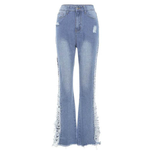 Fashion Ripped Casual Pants Bag Hip Contrast Frosted Bootcut Jeans - www.Shopthatapp.com #