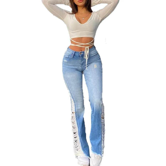 Fashion Ripped Casual Pants Bag Hip Contrast Frosted Bootcut Jeans - www.Shopthatapp.com #
