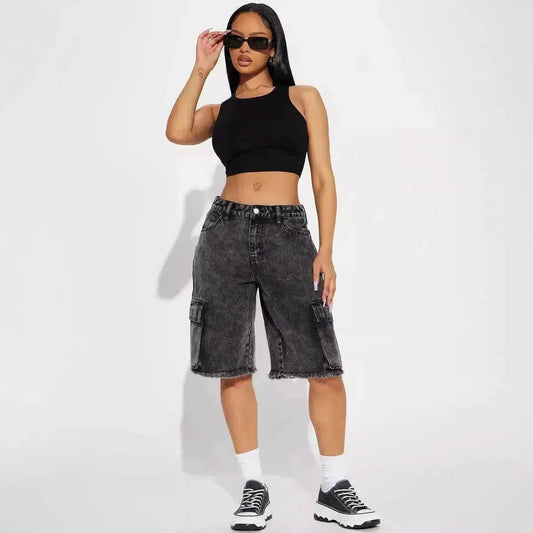Fashion Street Washed Frayed Hem Women's Denim Straight Short Pants Black Jeans shorts for women - www.Shopthatapp.com #
