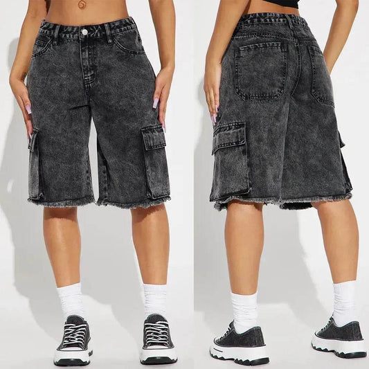 Fashion Street Washed Frayed Hem Women's Denim Straight Short Pants Black Jeans shorts for women - www.Shopthatapp.com #