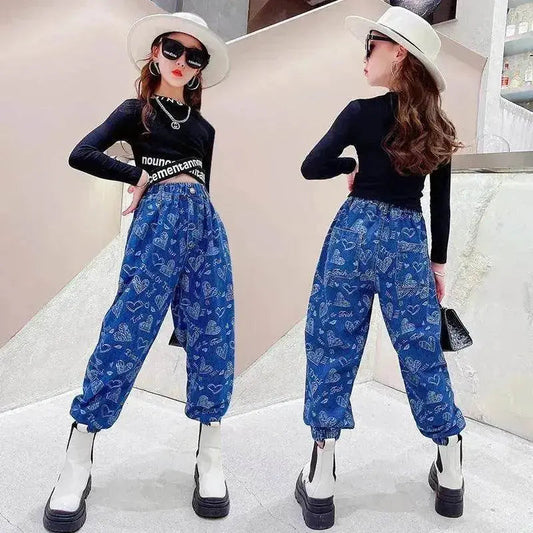 Girls' Suit Western Style Big Kids Autumn Loose Jeans Big Kids Long-sleeved Bottoming Shirt - www.Shopthatapp.com #