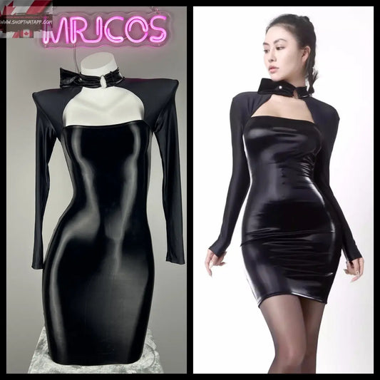 Gothic Long Sleeves Spasndex PU Leather Tight Party Dress Lingerie - www.Shopthatapp.com #