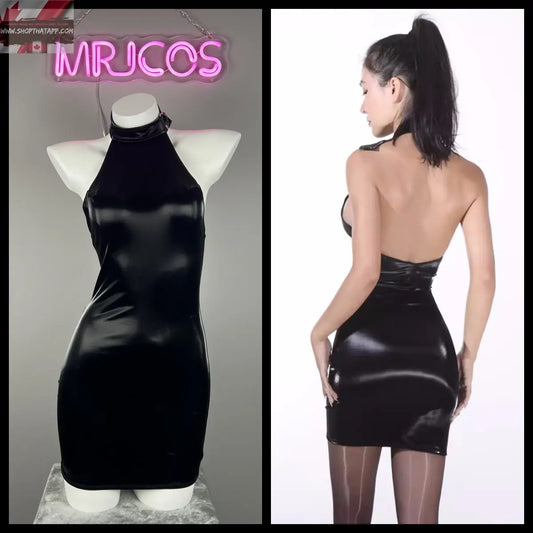 Gothic Sleeveless PU Leather Halter Party Dress Lingerie - www.Shopthatapp.com #