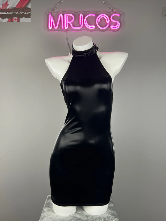Gothic Sleeveless PU Leather Halter Party Dress Lingerie - www.Shopthatapp.com #