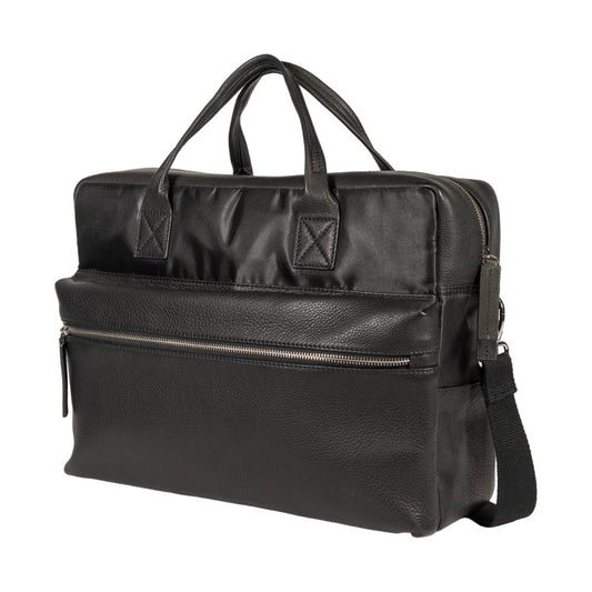 K0043AB | Briefcase in Nylon Waterproof/Vera Pelle pieno fiore con leggera grana - Colore Nero - Pochette interna - Accessori Silver lucido - Dimensioni cm 39 x 30 x 12 - Confezione: Sacchetto Tnt - www.Shopthatapp.com #