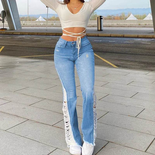 New Style Women's Casual Pierced Drawnwork High Waist Bootcut Washed Jeans - www.Shopthatapp.com #