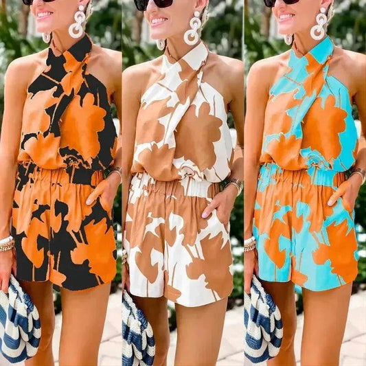 Printed Lace Up Backless Top Pocket Shorts Two-piece Suit For Women - www.Shopthatapp.com #