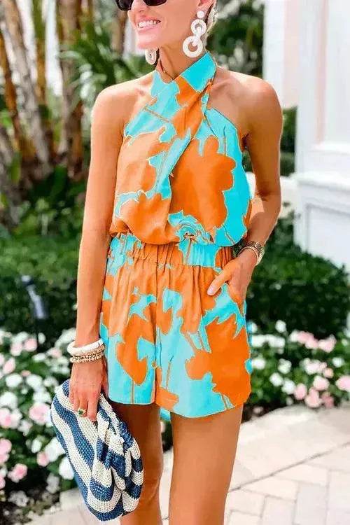 Printed Lace Up Backless Top Pocket Shorts Two-piece Suit For Women - www.Shopthatapp.com #