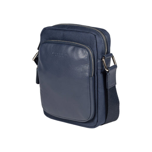 RB2002D | Borsa a Tracolla in Nylon/Vera Pelle, con leggera grana. Chiusura con lampo e tracolla regolabile - Colore Blu - Dimensioni: cm 15,5 x 21 x 7. Confezione: Sacchetto in Tessuto non Tessuto - www.Shopthatapp.com #