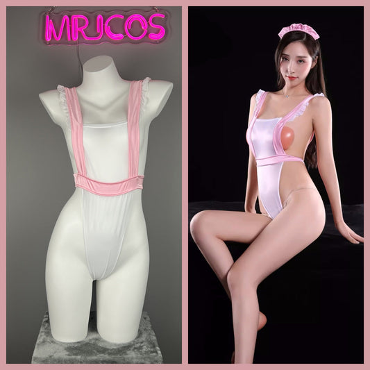 Sexy Maid Sheer Halter Bodysuit Lingerie Set with Headband - www.Shopthatapp.com #