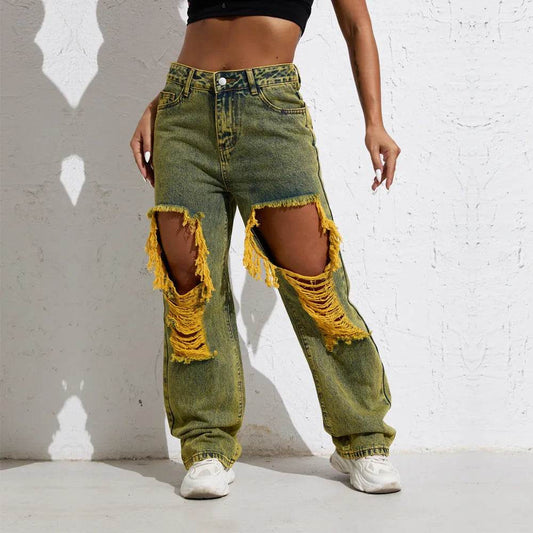 Shascullfites Melody Yellow Wash Streetwear Split Loose Straight Ripped Baggy Jeans Y2K Retro Women Denim Pants - www.Shopthatapp.com #
