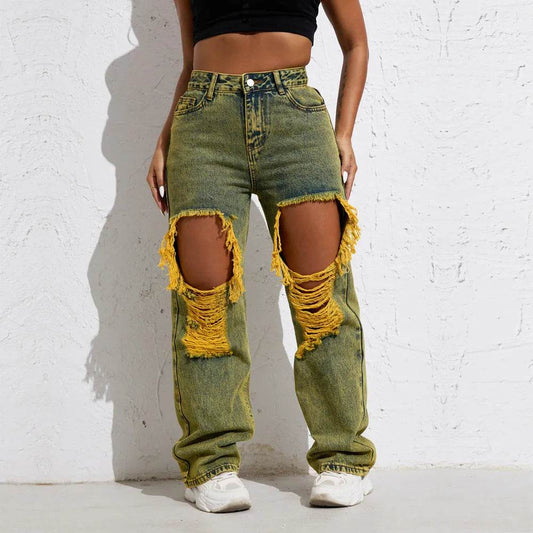 Shascullfites Melody Yellow Wash Streetwear Split Loose Straight Ripped Baggy Jeans Y2K Retro Women Denim Pants - www.Shopthatapp.com #