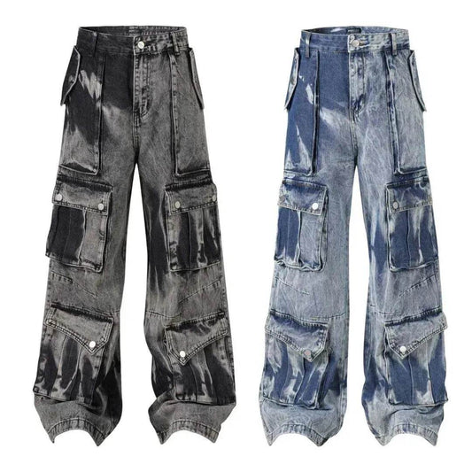 Street Retro Washed Distressed Tie-dye Multi-pocket Denim Trouser Unisex Baggy Cargo Denim Jeans Pants - www.Shopthatapp.com #