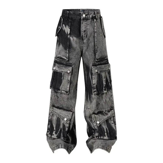 Street Retro Washed Distressed Tie-dye Multi-pocket Denim Trouser Unisex Baggy Cargo Denim Jeans Pants - www.Shopthatapp.com #