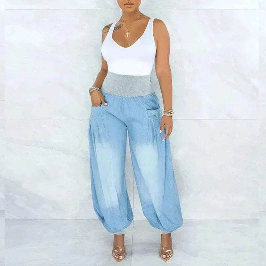 Summer Thin Loose Wide-leg Pants Harem Pants Elastic Waist Denim Trousers Women - www.Shopthatapp.com #