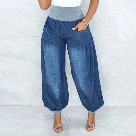 Summer Thin Loose Wide-leg Pants Harem Pants Elastic Waist Denim Trousers Women - www.Shopthatapp.com #